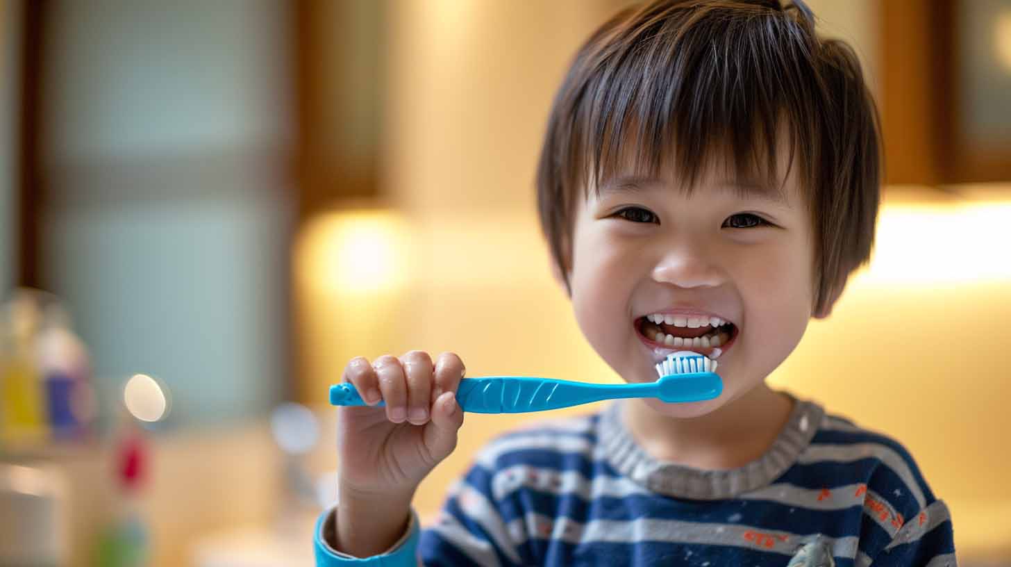 An asian little boy smiling while brushing his teeth