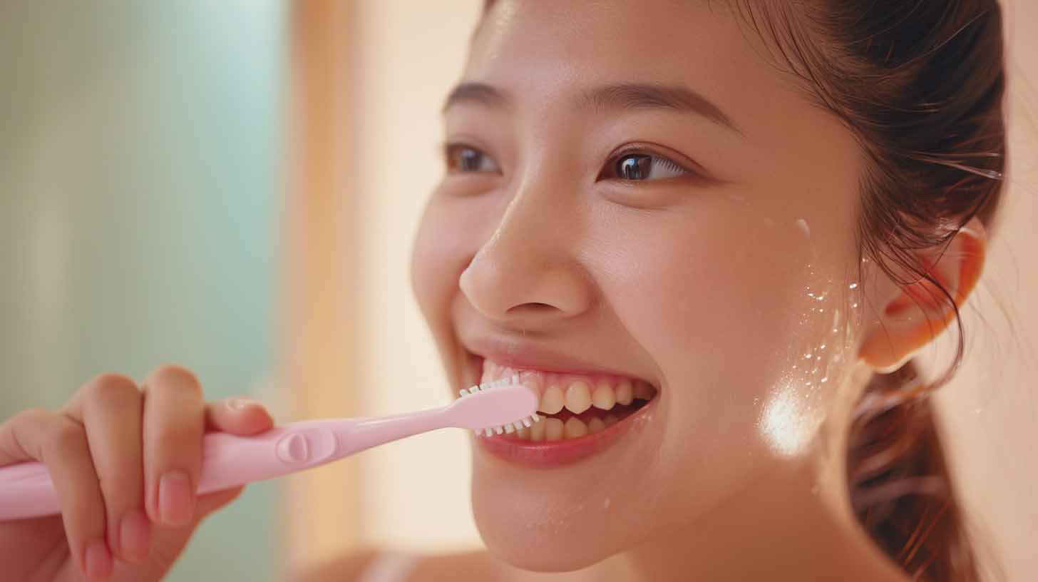 A beautiful woman brushing her teeth and smiling