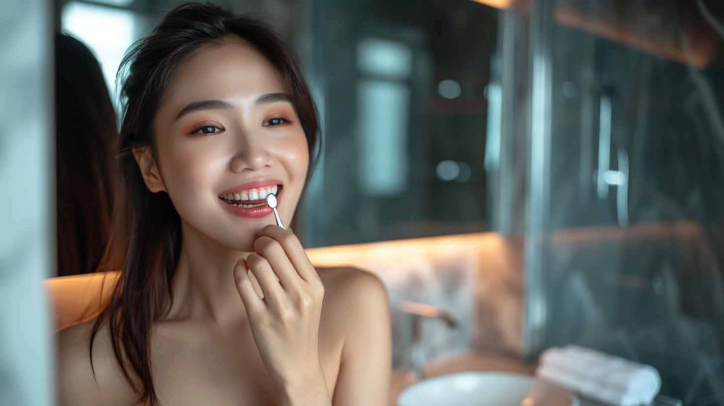 A beautiful asian woman flossing her teeth